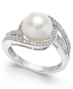 A swirl of single-cut diamonds (1/3 ct. t.w.) adds just enough glitter to enhance the lustrous white or pink cultured freshwater pearl (9mm) in this gorgeous statement ring. Azurite Jewelry, Sterling Silver Jewelry Rings, Swirl Ring, Amber Ring, 14k White Gold Ring, Pretty Rings, Pearl Ring, Cultured Pearls, 925 Sterling Silver Jewelry