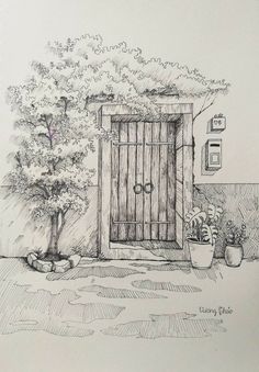 a drawing of an open door in front of a tree and potted planter