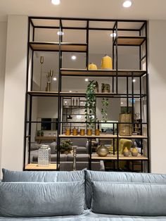 a couch sitting in front of a window filled with shelves full of plants and vases