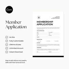 a black and white flyer with the words member application on it's front page