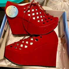 "Mtng" Red Felt Laced High Wedge Shoes, Genuine Leather Inside. Size 40 (Us 8-8.5) Mtng Shoes, High Wedge Shoes, High Wedges, Red Felt, Shoes Color, Red Shoes, Womens Shoes Wedges, Wedge Shoes, Cali