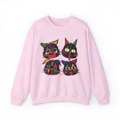 This kidcore cat sweatshirt was inspired by the colorful, quirky and silly kidcore aesthetic and kidcore clothing. Perfect for quirky cat lovers and kids at heart - this kawaii sweatshirt will surely keep you comfy and warm. It's a cute addition to your kidcore sweatshirt and kidcore clothes. This can also be a gift for her, gift for him or anyone in between as this kidcore aesthetic pullover is unisex. Available in Shirt: https://milkdesignsshop.etsy.com/listing/1736532179/kidcore-cats-tee-kidc Playful Multicolor Graphic Print Sweatshirt, Playful Crew Neck Sweater With Graphic Print, Multicolor Crew Neck Sweatshirt With Cartoon Print, Pink Long Sleeve Tops With Cat Design, Pink Long Sleeve Top With Cat Design, Pink Sweatshirt With Funny Print For Streetwear, Cat Print Crew Neck Sweatshirt For Streetwear, Clothes Kidcore, Kidcore Clothes