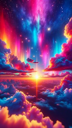 the sun is shining brightly in the sky above clouds and stars, as well as colorful lights