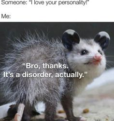 an oppomus with the caption someone i love your personality me bro, thanks it's a disorder, actually