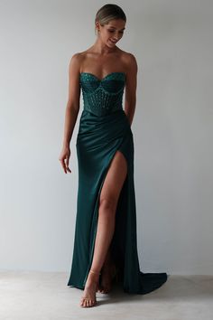 Theodora Strapless Embellished Gown | Dark Green White Bridal Dresses, Maxi Dress Wedding Guest, White Bridesmaid Dresses, Senior Prom Dresses, Stunning Prom Dresses, Embellished Gown, Rehearsal Dress, Prom Dress Inspiration, Cute Prom Dresses