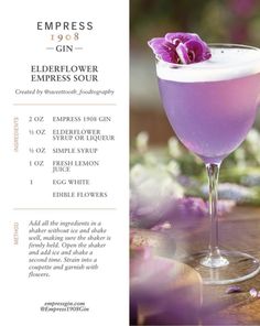 an image of a purple drink with flowers in the glass and information about its ingredients