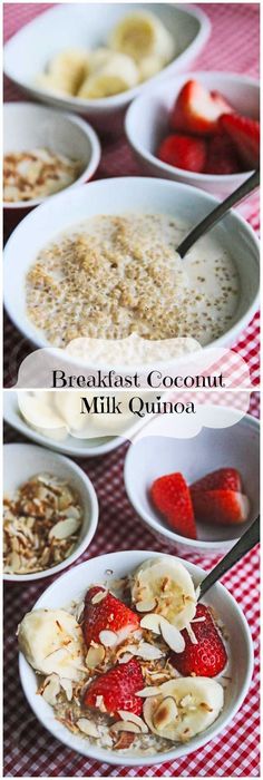 breakfast coconut milk quinoa with strawberries, bananas and granola in bowls