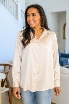 Treat yourself to a little luxury in the Loved For Years Satin Button Up In Beige. This dreamy top features a collared neckline that tops a functional button placket, ending at a double rounded hem. Long sleeves boast functional button cuffs for more styling versatility! Lightweight + No stretch 100% Polyester Wash cold, hang dry True to size *Measurements listed below are of the actual clothing item* S: Chest 40" Length 26"M: Chest 42" Length 27"L: Chest 44" Length 28"XL: Chest 46" Length 29"1X Black Sequin Pants, Satin Button Up, Sequin Pants, Judy Blue Jeans, Satin Blouse, Black Sequins, Treat Yourself, S Models, Slim Fit Jeans