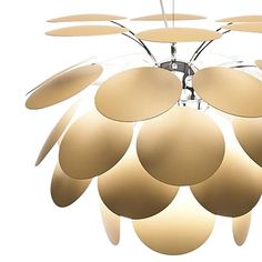 a chandelier with several circular lights hanging from it's center, on a white background