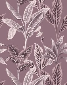 a purple and white wallpaper with leaves on it