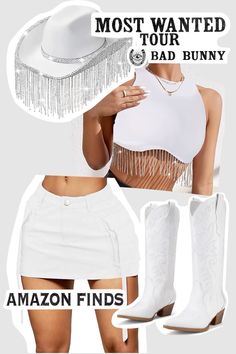 All items pictured are linked via Benable followed by direct links to Amazon - Elevate your concert style with our Amazon Finds outfit inspiration mood board for the Most Wanted Tour Bad Bunny 2024 concert! Featuring an all white set with a rhinestone fringe crop top, mini skirt, rhinestone bling fringe cowgirl hat, and white cowgirl boots, this ensemble exudes western chic. Stand out in the crowd with these must have pieces. Get ready to own the spotlight at the concert of the year! As an Amazon Associate DaintiestDesigns earns from qualifying purchases. #BadBunnyConcertOutfit #AmazonFinds #ConcertFashion #MostWantedTour2024 #OutfitInspo #BadBunnyConcert #MostWantedTour Fringe Cowgirl Hat, Bad Bunny Concert Outfit, Crop Top Mini Skirt, Concert Style, White Cowgirl Boots, Black Cowgirl Boots, Cowgirl Boots Outfit, Rhinestone Cowgirl, Jean Skirt Outfits