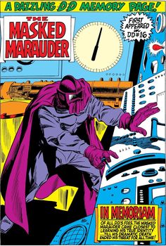 an old comic book cover with a man in a purple cape on top of his head