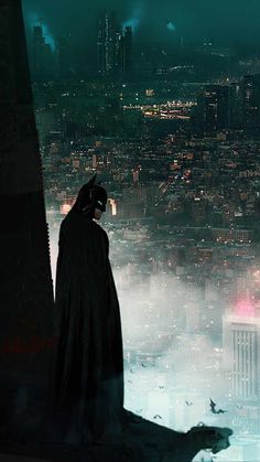 the dark knight is standing on top of a building looking out at the city below