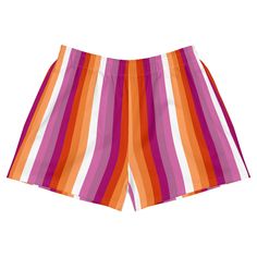 Add these cute lesbian shorts to your pride wardrobe. These lesbian sunset flag stripe shorts are a great way to show off your gay pride and not only are they super cool for pride events and festivals, they are functional athletic shorts made for swimming, running and other sporting activities and you'll won't want to be without them when heading to the beach or lounging by the pool. You'll also appreciate the mesh pockets large enough to hold your phone. DETAILSComfortable elastic waistband with a flat white drawstringDeep mesh side-pocketsWater-repellent microfiber fabricMoisture wickingBreathable & fast dryingUPF50+ protectionMATERIAL91% recycled polyester, 9% spandex (composition may vary by up to 3%)Model wears size MHeight 5.5 feet (165 cm), waist circumference 29.1" (74 cm), hips 36 Multicolor Pajama Shorts For Beach Season, Pink Bottoms With Vertical Stripes For Summer, Summer Pink Bottoms With Vertical Stripes, Pink Vertical Striped Bottoms For Summer, Pink Vertical Stripes Bottoms For Summer, Summer Multicolor Pajama Shorts, Multicolor Short Summer Swim Trunks, Summer Multicolor Athletic Shorts With Built-in Shorts, Striped Shorts For Beach Season