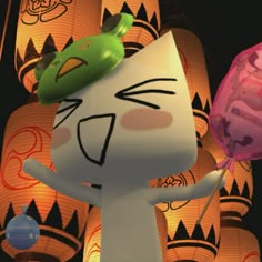 an animated cat holding two balloons in front of lanterns