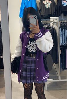 Egirl Outfits Purple, Purple Clothing Ideas, Purple Emo Aesthetic Outfit, Pastel Purple Goth Outfits, Punk Outfits Purple, Purple Indie Outfit, Gamergirl Aesthetic Outfits, Edgy Purple Outfit, Purple Date Outfit