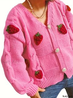 Katykey - Womens Strawberry-Patterned Cable Knit Cardigan: Fashionable Button-Down Sweater with Long Sleeves Cute Fall Outerwear With Buttons, Cute Cotton Cardigan With Button Closure, Cute Spring Sweater With Buttons, Cute Spring Sweater With Button Closure, Cute Cotton Sweater With Buttons, Trendy Knit Sweater With Buttons, Cute Sweater With Button Closure For Spring, Cute Cotton Buttoned Sweater, Cute Long Sleeve Sweater With Button Closure