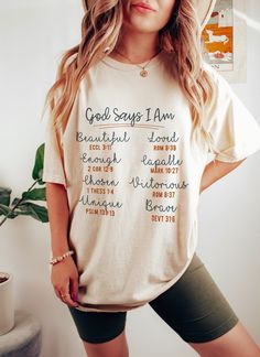 This God Says I'm Beautiful Enough Shirt will be a perfect thing to wear for a Christian or God Lover! It would make a great Religious gift for your best friend or family!   PLEASE READ THE DESCRIPTION BEFORE PURCHASING  👕 Sizes & Fit * Unisex tee, classic fit (Gildan 64000 or Bella Canvas 3001) * Sizes run like men's * Most women find that their typical size works best as a slightly oversized fit; Size down for a more fitted t-shirt * Please refer to the size chart in the photos for details! ☁ Christian Tee Shirts For Women, Religious Shirts For Women, God Says I Am Shirt, Cute Christian Shirts For Women, Inspirational Shirt Ideas, Inspirational Crew Neck Tops With Letter Print, Inspirational Cotton Crew Neck T-shirt, Inspirational Crew Neck T-shirt With Lettering, Inspirational Lettering Crew Neck T-shirt