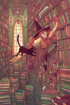 a woman flying through the air while riding on top of a cat in a library