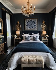 a bedroom with black walls, white bedding and chandelier hanging from the ceiling