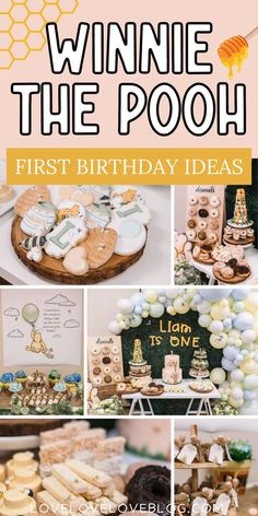 Pinterest graphic with text that reads "Winnie the Pooh First Birthday Ideas" and a collage of party ideas. Smash Cake Pictures, Winnie The Pooh First Birthday, Pooh First Birthday, First Birthday Cupcakes, Baby Boy 1st Birthday Party, Pink Birthday Cakes