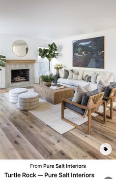 a living room filled with furniture and a fire place in front of a painting on the wall