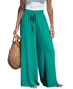 in stock Green Drawstring Pants For Vacation, Summer Wide Leg Drawstring Pants, Chic Blue Bottoms With Drawstring, Solid High-waisted Drawstring Bottoms, Spring Green Bottoms With Drawstring, Green Drawstring Bottoms For Spring, High Waist Drawstring Pants For Vacation, High Waist Drawstring Vacation Pants, Vacation Wide Leg Pants With Drawstring