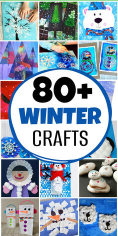 winter crafts for kids with the title overlay that reads, 80 + winter crafts