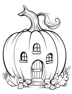 a black and white drawing of a pumpkin house with leaves around the front door for halloween coloring pages