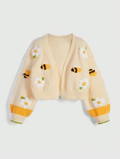 Lovely Countryside Contrast Color 3D Flower & Bee Embroidery Lantern Sleeve Cardigan Sweater,Long Sleeve Tops Yellow   Long Sleeve Knitwear   Slight Stretch  Women Clothing, size features are:Bust: ,Length: ,Sleeve Length: Bee Themed Outfit Aesthetic, Cute Clothes Plus Size, Yellow Aesthetic Clothes, Fun Cardigans, Aesthetic Cardigans, Cute Yellow Outfits, Bee Clothes, Lantern Sleeve Cardigan, Kidcore Clothes