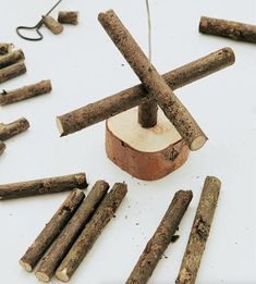 several pieces of wood are arranged in the shape of a tree stump and surrounded by smaller logs