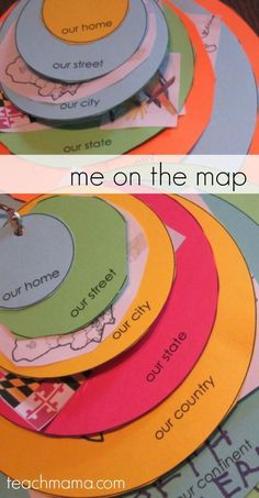 some paper circles with words on them and the words me on the map in different colors