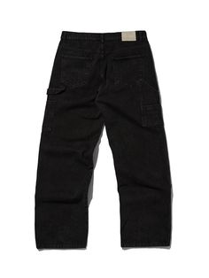 It is a casual wide fit denim pant with a unique design point on the knees. The pant has double layered knees with the distressed denim patched on the pant. The pant has a loop on the side and top-stitching point. - Side pockets- Back pockets- Logo label- Washed denim Black Rigid Denim Cropped Leg Bottoms, Black Rigid Denim Cropped Bottoms, High Rise Washed Black Cargo Pants For Streetwear, Black Cropped Leg Rigid Denim Bottoms, Black Tapered Leg Cargo Jeans With Patch Pockets, Black Tapered Leg Jeans With Patch Pockets, Black Jeans With Tapered Leg And Patch Pockets, Urban Washed Black Cargo Jeans With Five Pockets, Washed Black Cropped Leg Jeans With Pockets