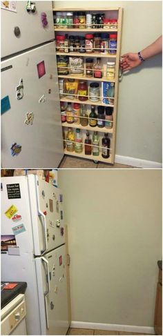 there are two pictures showing the inside of a refrigerator and an open door with magnets on it