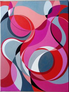 an abstract painting with red, white and blue circles on it's surface is shown