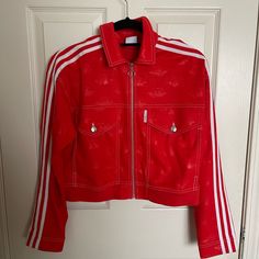 Fits S-M Never Worn Trendy Red Long Sleeve Track Jacket, Trendy Red Track Jacket For Fall, Red Track Jacket For Streetwear In Spring, Red Track Jacket For Spring Streetwear, Red Long Sleeve Track Jacket For Spring, Red Long Sleeve Spring Track Jacket, Adidas Jackets, Red Adidas, Adidas Women