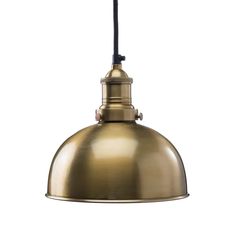 an antique brass pendant light with a black cord hanging from the ceiling, against a white background