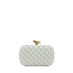 Bottega Veneta minaudiere in woven leather  Framed top with knot lift-clasp closure  Approx. 7.5"H x 4.5"W x 2"D Made in Italy Designer Woven Leather Rectangular Clutch, Luxury Woven Leather Rectangular Clutch, Designer Rectangular Woven Leather Clutch, Luxury Rectangular Woven Leather Clutch, Designer Evening Clutch With Intrecciato Weave, Rectangular Clutch With Intrecciato Weave For Evening, Evening Clutch With Intrecciato Weave, Luxury Evening Clutch With Intrecciato Weave, Designer Woven Leather Clutch For Evening