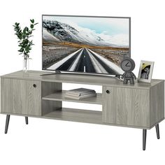 an entertainment center with a flat screen tv on top of it and a potted plant next to it