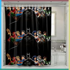 the shower curtain is decorated with batman and wonder girls