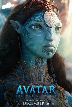 avatar movie poster with woman in blue and gold makeup on her face, looking into the distance