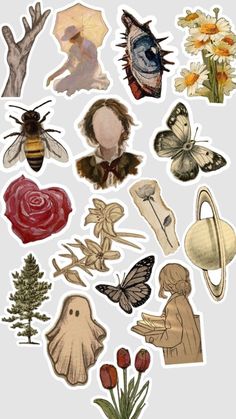 various stickers with different types of insects and flowers on them, all in the same color