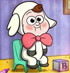 a cartoon sheep with a bow tie sitting on a chair