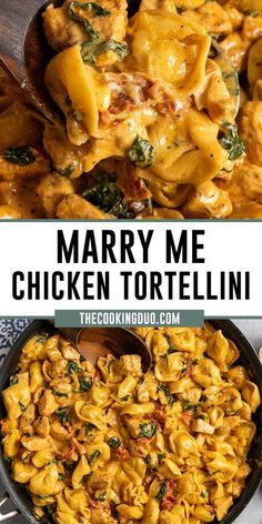 two pictures of chicken tortellini with sauce and spinach on the side, in a skillet