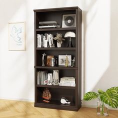 a brown bookcase sitting on top of a wooden floor next to a potted plant