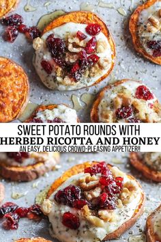 sweet potato rounds with cherries, pecans and cranberry sauce on top