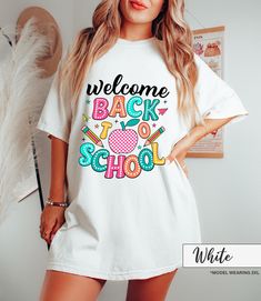 Welcome Back To School Shirt - First Day Of School T-Shirt - Hello School Shirt - Back To School T-Shirt - Gift For Student - Teacher Shirt How can I order? 1️) Please review all the information provided before placing an order 2️) Select the shirt type and size. 3️) Select the color of the shirt using the following options. 4️) Need more Items? Add the current item in the cart. And If you like to add more items to your order please press the back button and repeat steps 1-4 again. 5️) Once all End Of School Year Multicolor T-shirt With Funny Print, White T-shirt With Funny Print For Back To School, White Text Print T-shirt For School, Multicolor Short Sleeve Tops For Back To School, White Tops For Teacher Appreciation Back To School, Funny Print Multicolor T-shirt For End Of School Year, White Text Print Shirt For School, White Cotton T-shirt For School, White Graphic Print T-shirt For School