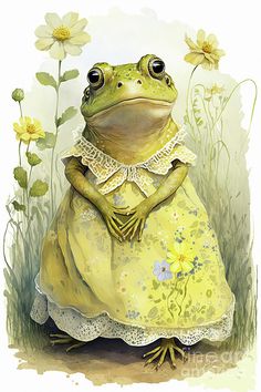 a frog in a yellow dress sitting on the ground