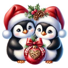 two penguins wearing santa hats and holding a christmas ornament with pine cones on it