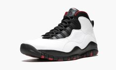 This is the 2012 release of the Air Jordan 10 in its original “Chicago” colorway.  The shoe is presented in the same form you would find at retail in 1995, without the “45” embroidered on each ankle like Michael Jordan’s PE pairs. Air Jordan 10, Retro 13, Jordan 9 Retro, Jordan 10, Jordan 7, Stadium Goods, Jordan 5, Black Accents, Chicago Bulls